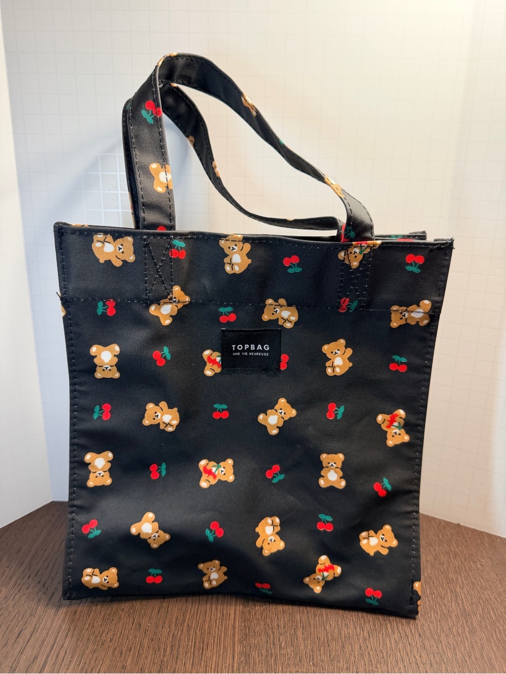 Nylon Black Tote with Bear & Cherry Print and snap closure
